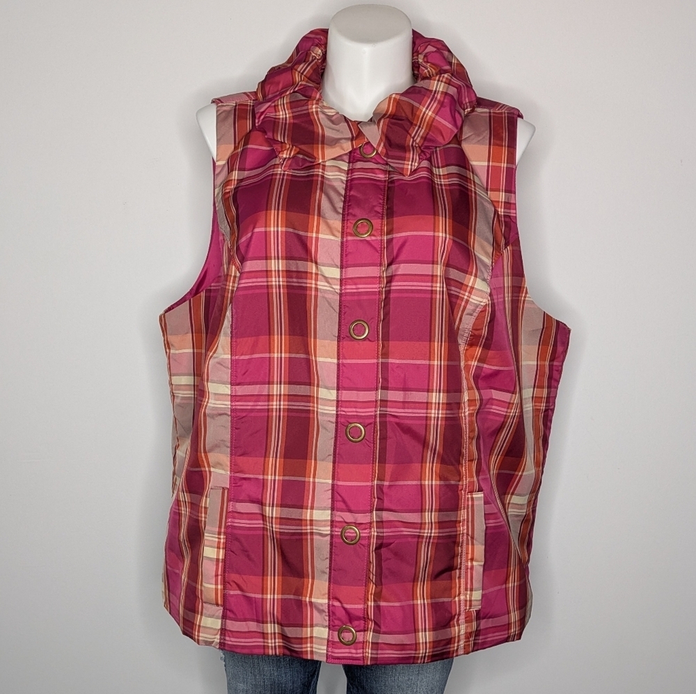 CJ Banks Pink Orange Striped Snap Up Sleeveless Puffer Vest Jacket 3X
